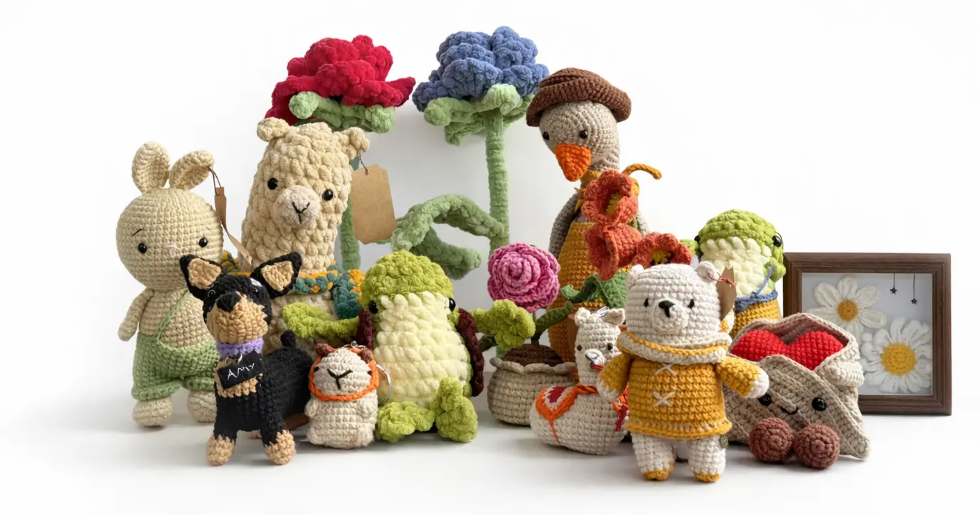 Fotografía real de nuestros regalos perosnalizados de amigurumis tejidos a crochet