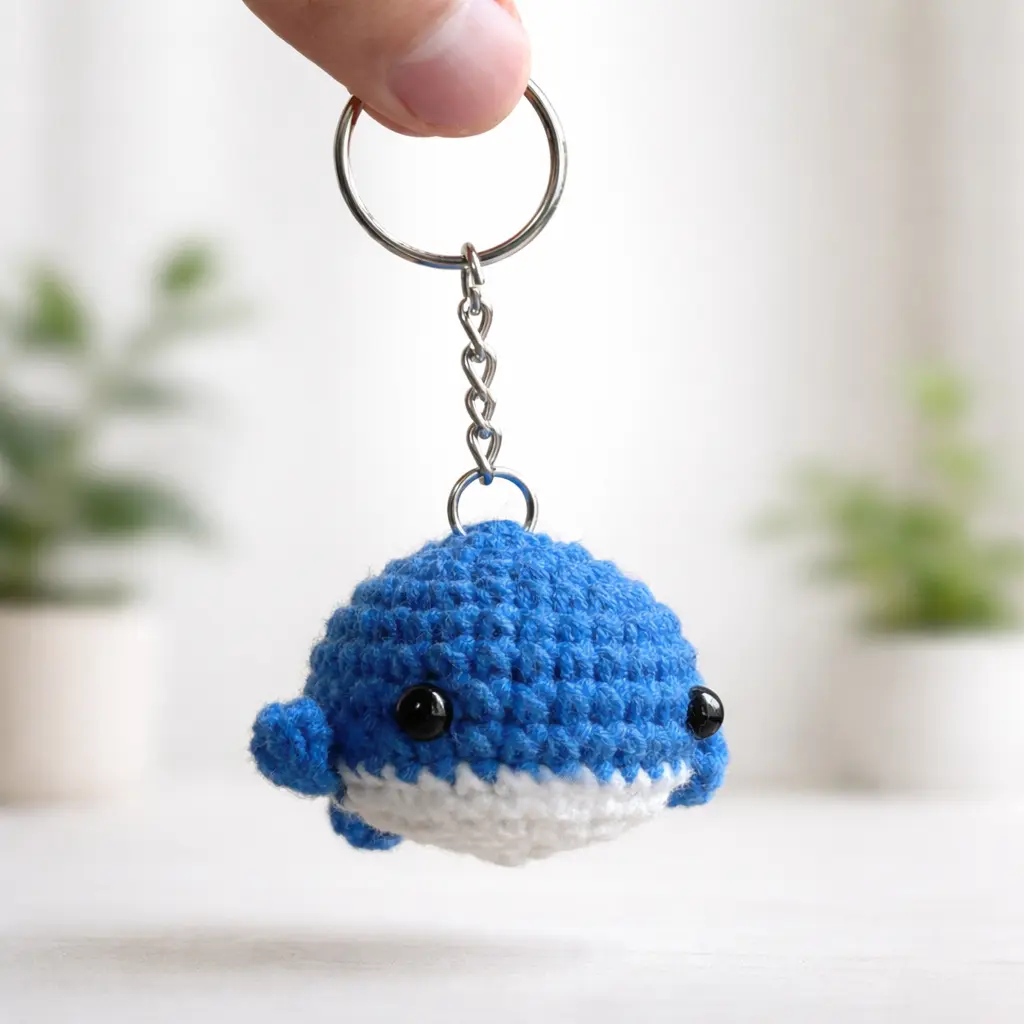 Llavero de ballena azul a crochet vista de frente