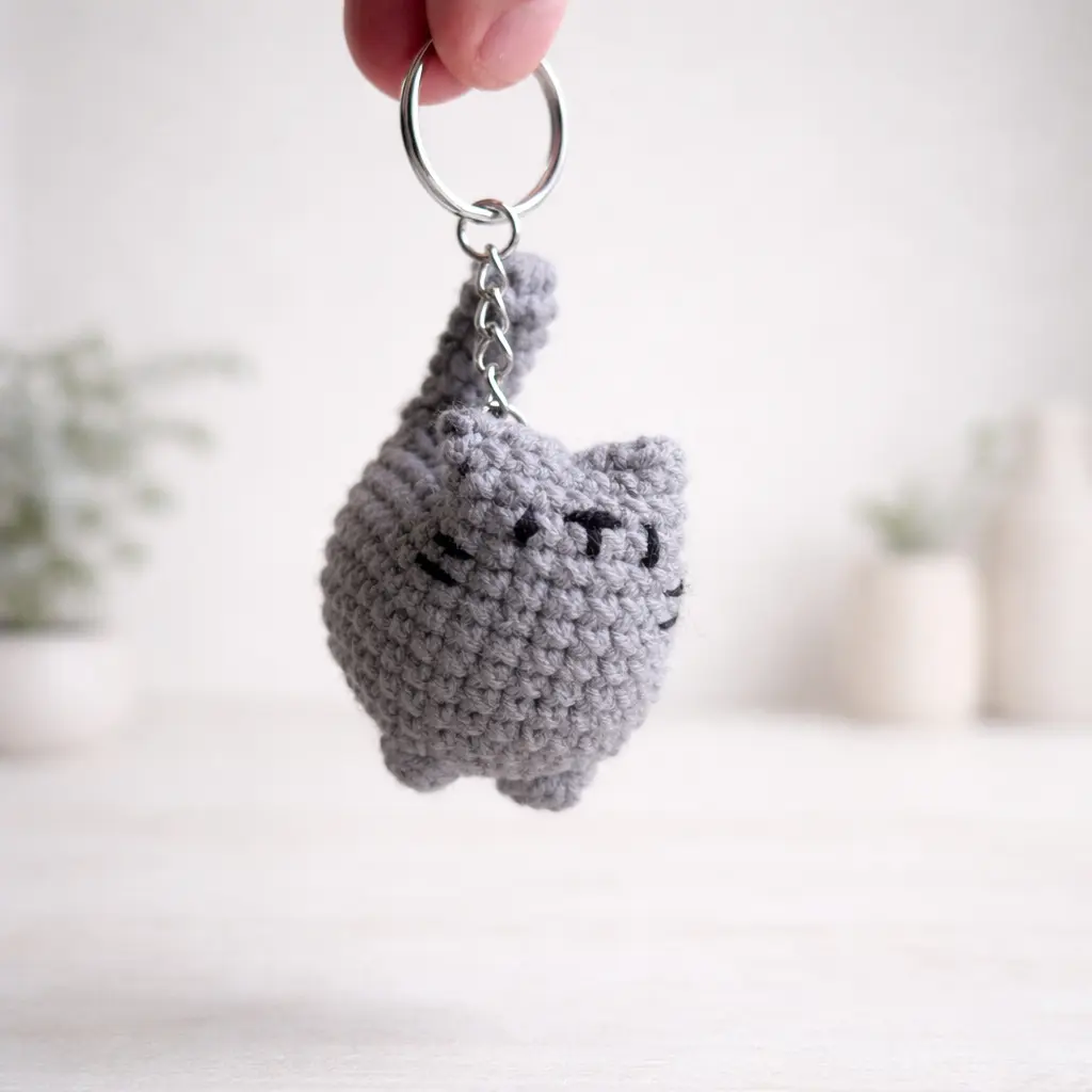 Llavero de gratito gris claro a crochet vista 2