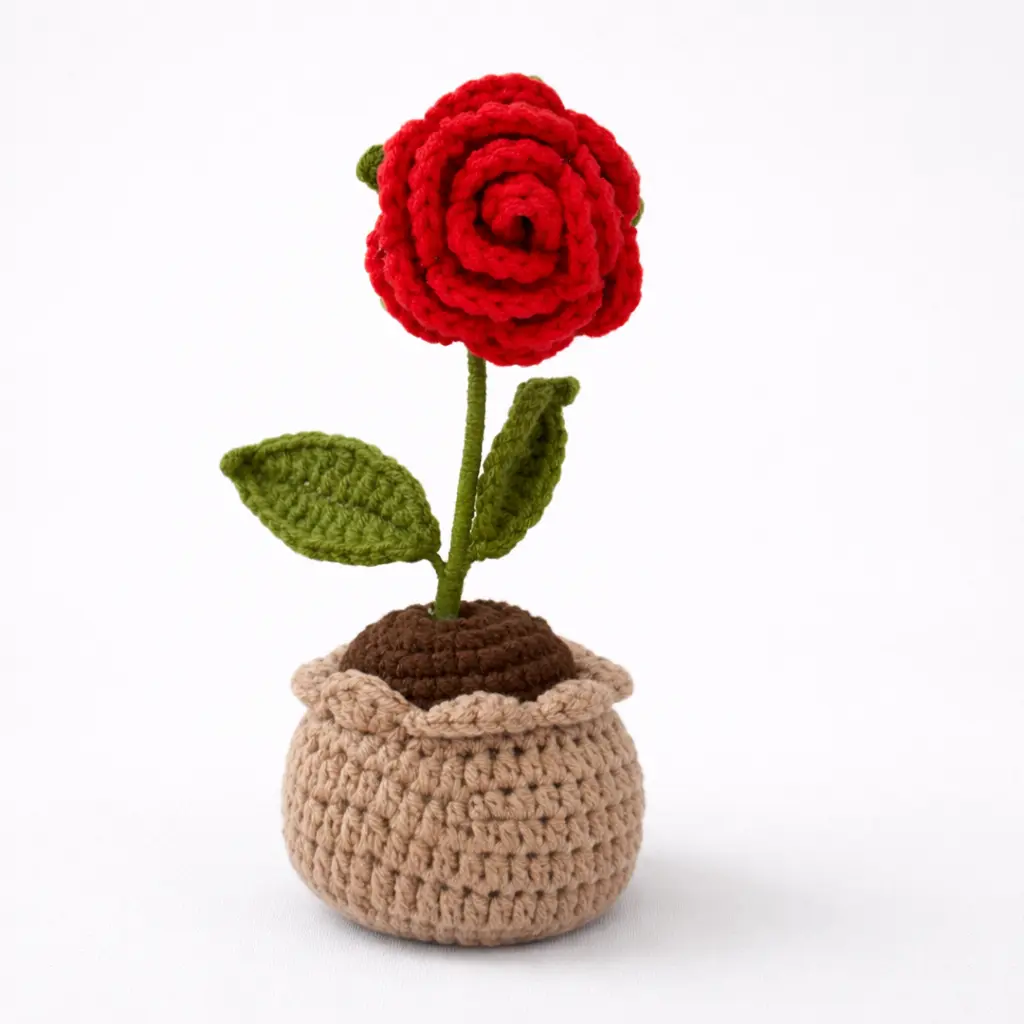 Macetas tejidas a crochet de rosa roja