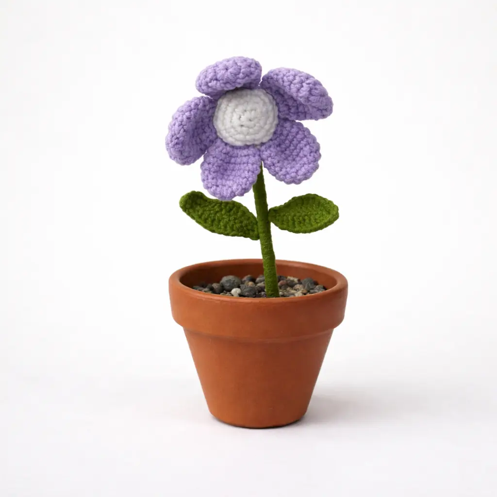 flor morada tejida con maceta de barro 03